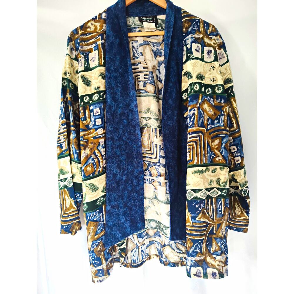 Michele Leslie XL Blue Abstract Rayon Tie Front V-Neck Long Sleeve Kimono Blouse